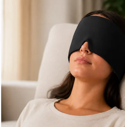 Frau atmet entspannt mit MigraCalm Blackout-Maske aus